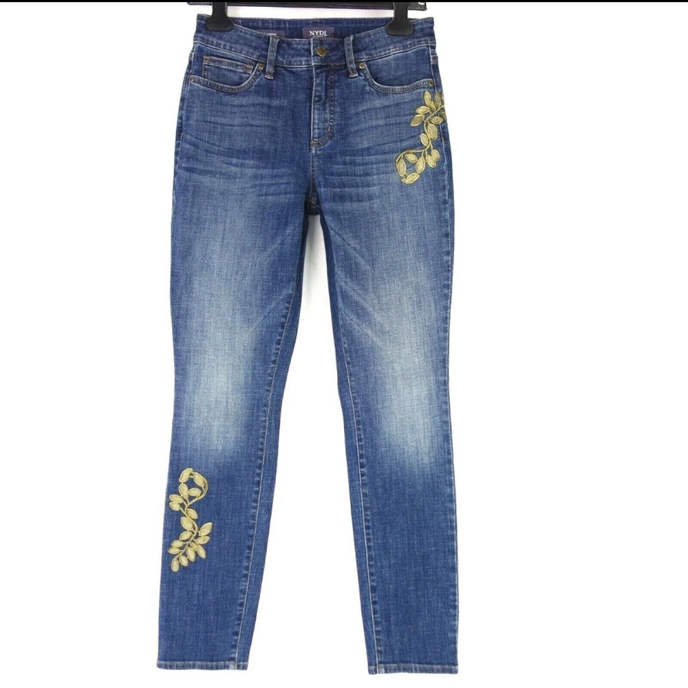 NYDJ Alina Lift Tuck Skinny Jeans Gold Embroidery NWT Petite 0P